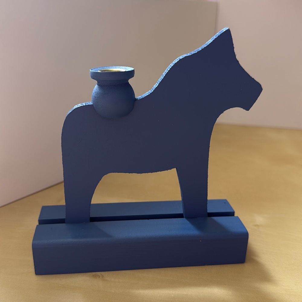 Wooden blue dala horse candle holder. Made in Sweden